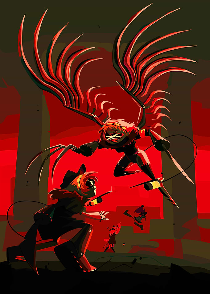 Robotic battle in a red-hued world