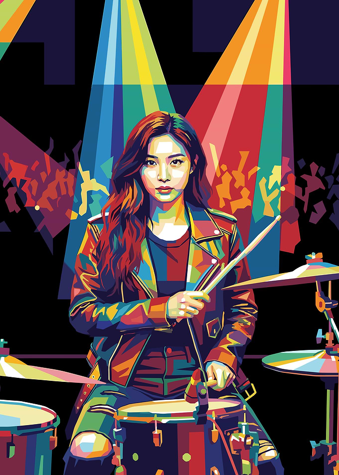 Woman drummer in colorful pop art style