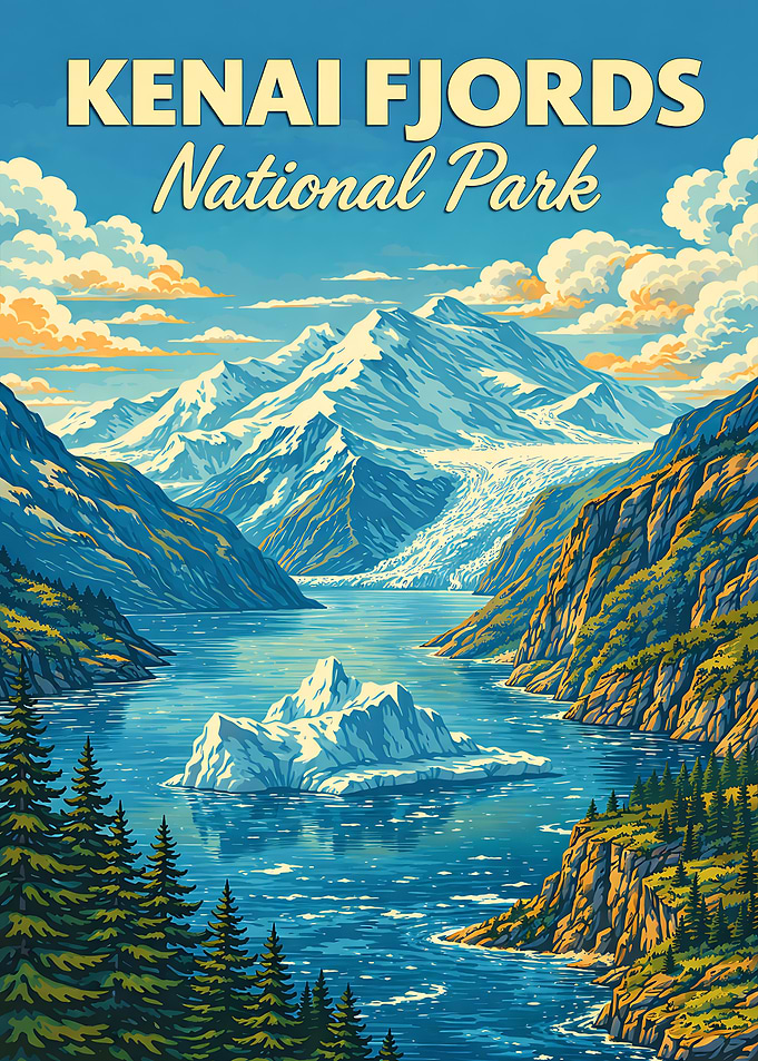 Kenai Fjords National Park Alaska Vintage Travel Poster – Alaska National Park Retro Glacier Landscape