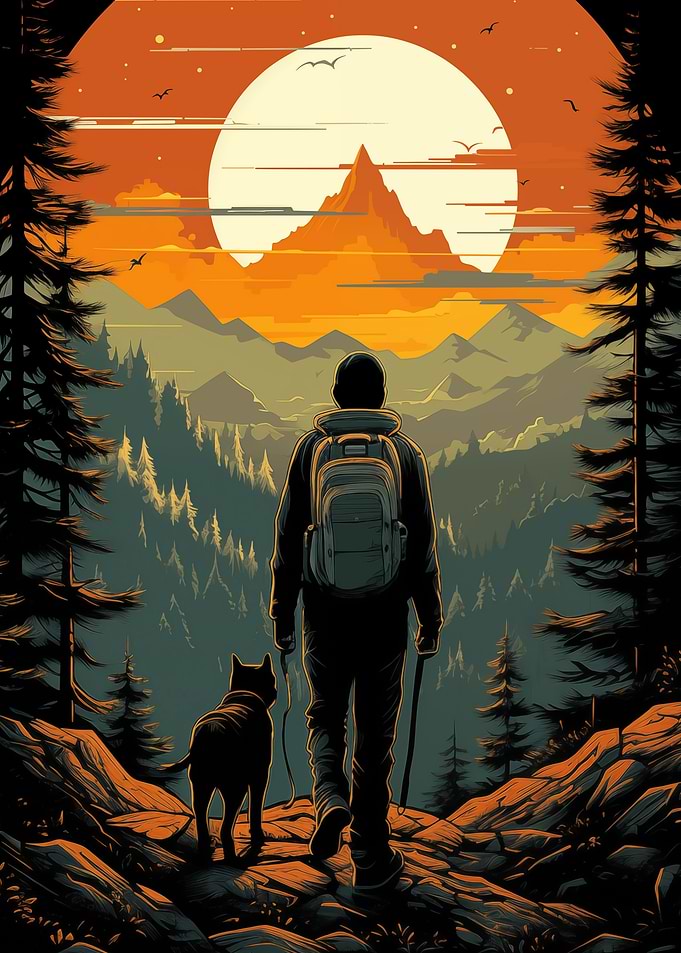 Hiker and dog at sunset