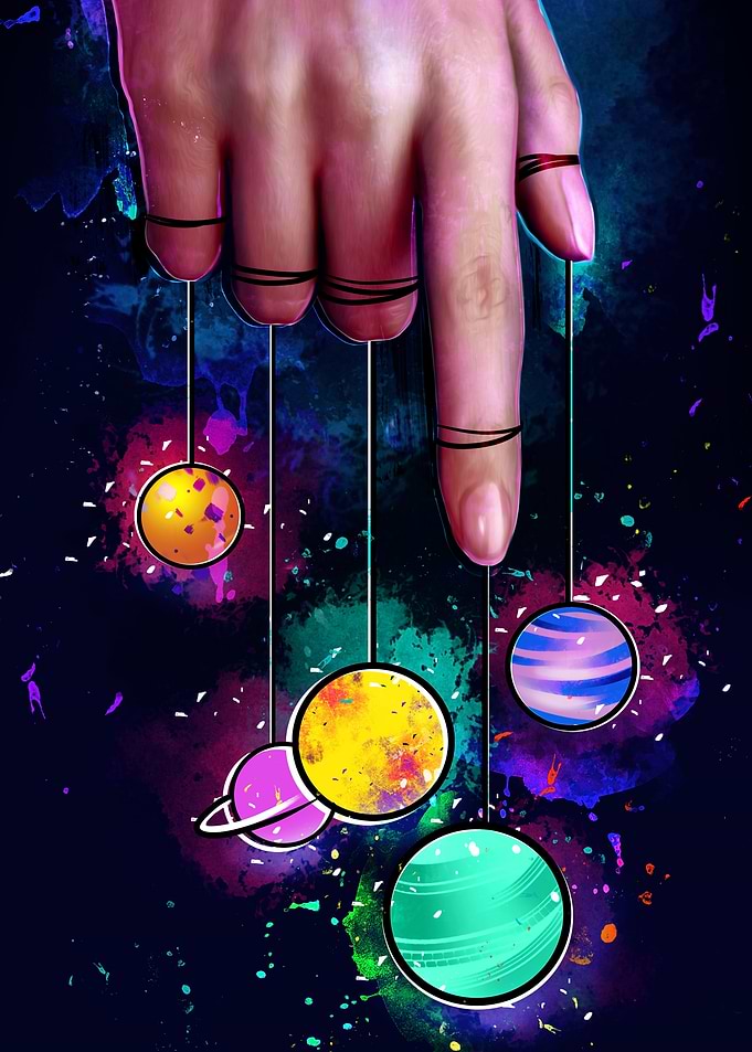 Hand controlling planets like puppets