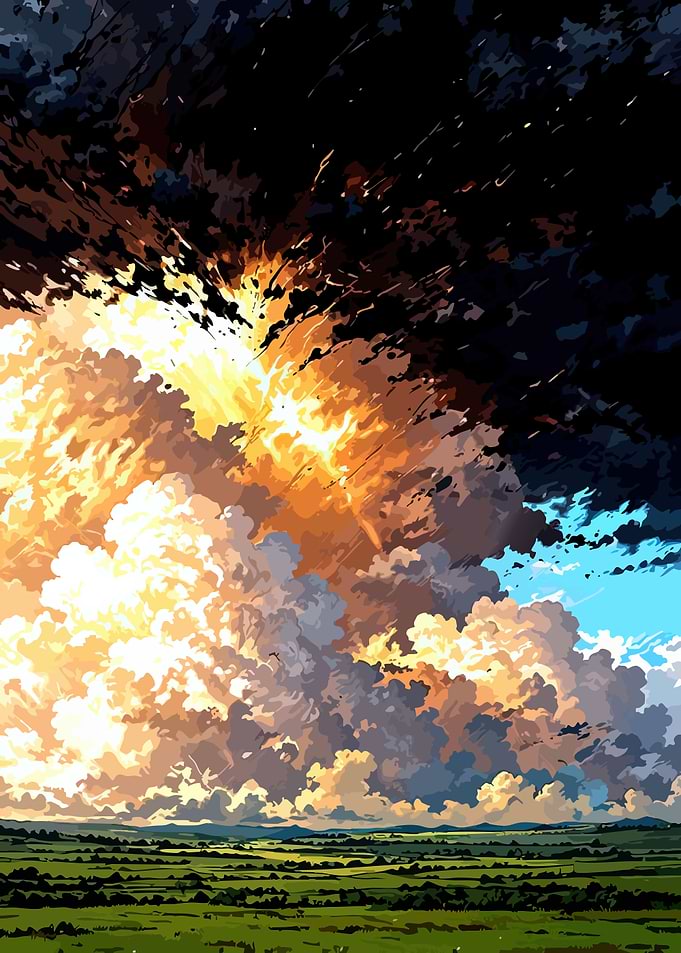 Explosive Sky Over Green Fields