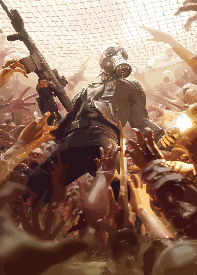 Soldier in Gas Mask Fights Zombies
