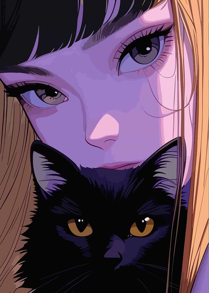 Anime Girl with Black Cat