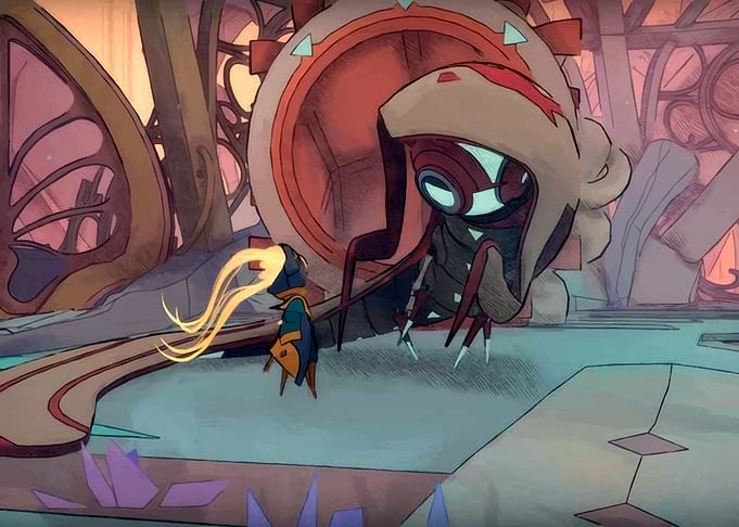 Character facing a large mechanical creature