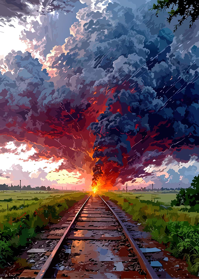 Train Tracks Towards Fiery Sky