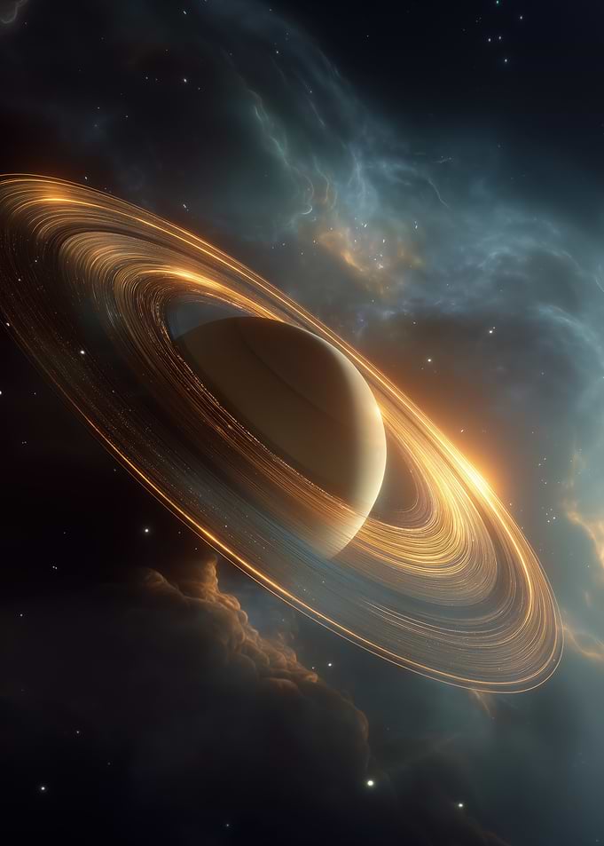 Saturn with glowing rings in space