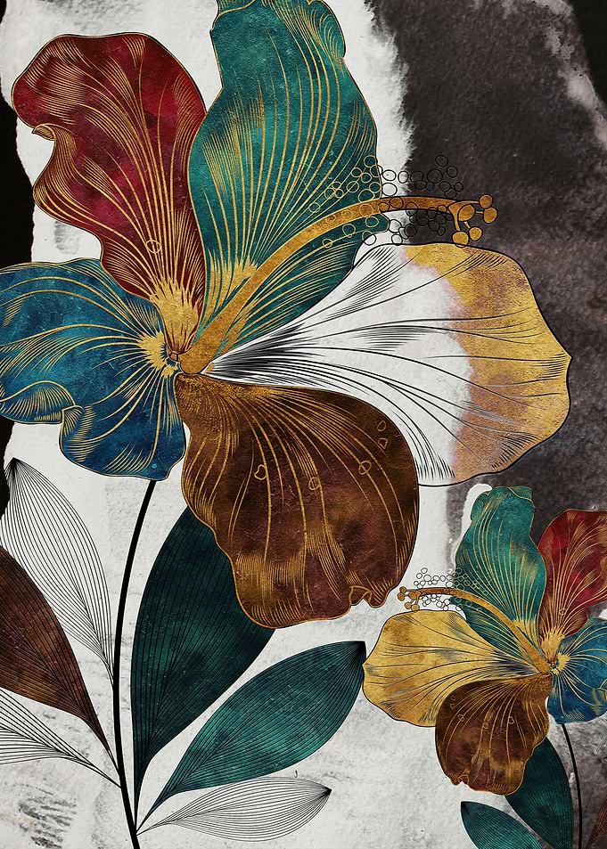 Abstract Floral Art with Gold Accents