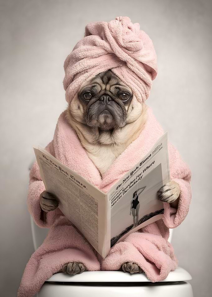 Pug Reading Newspaper on Toilet