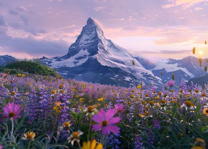 Majestic Mountain Peak with Wildflower Meadow