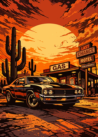 Retro Desert Gas Station and Car