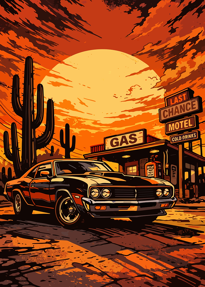 Retro Desert Gas Station and Car