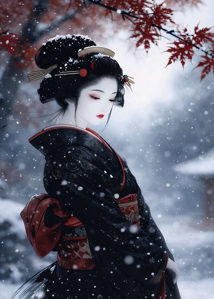 Geisha in Snowy Japanese Garden