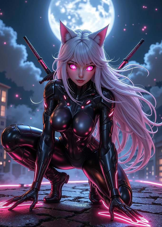 Sexy Anime Cyberpunk Cat Girl with Swords