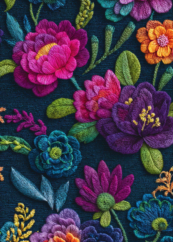Vibrant Embroidered Floral Textile Art