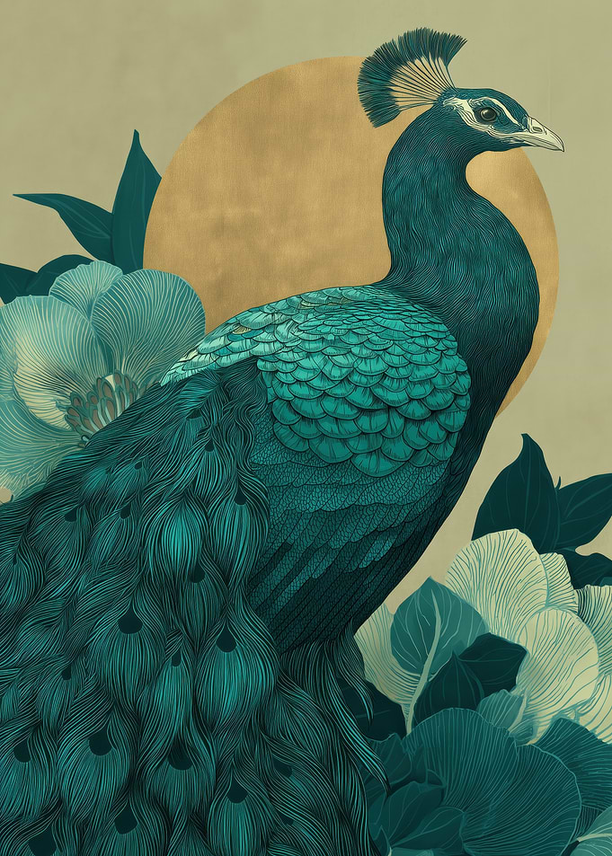 Peacock with Golden Sun and Flowers