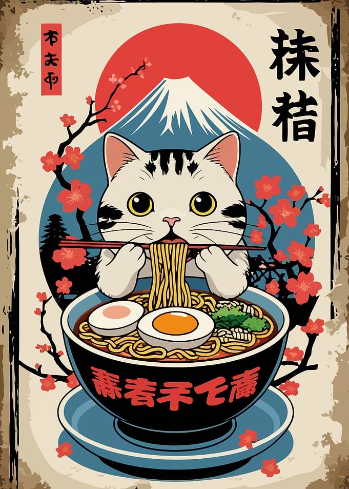 Cat Eating Ramen with Mount Fuji