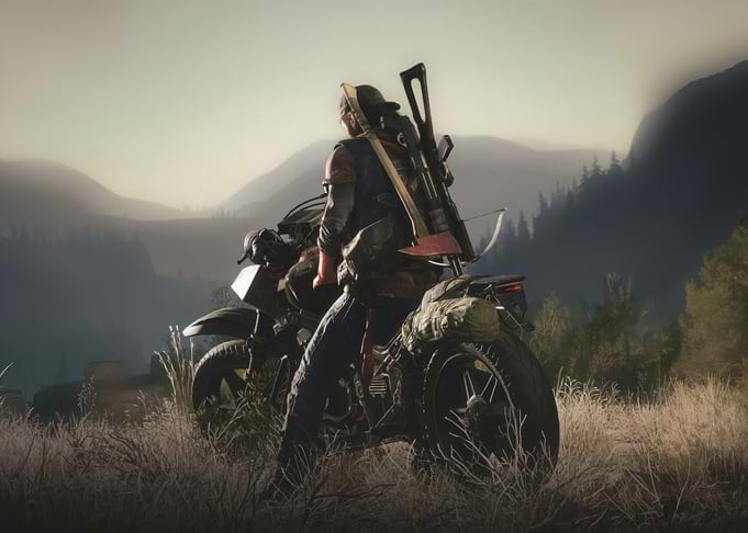 Survivor on a motorcycle in a post-apocalyptic landscape days gone