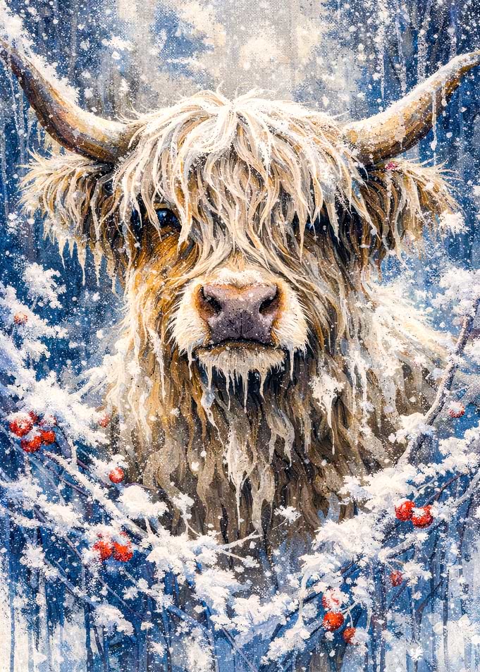 Highland Cow in Snowy Forest