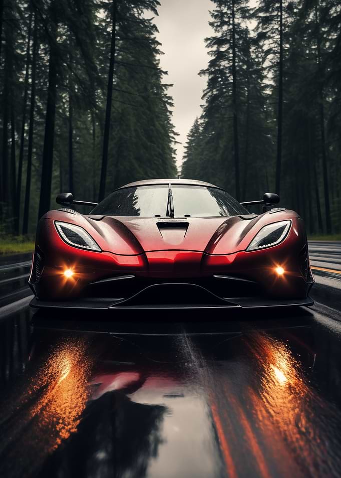 Red Sports Car on Wet Road