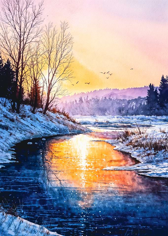 Winter River Sunset Watercolor Painting