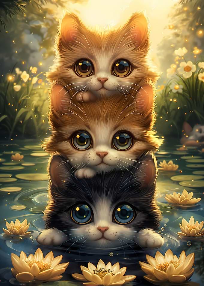 Stack of Cute Kittens in Water Lilies