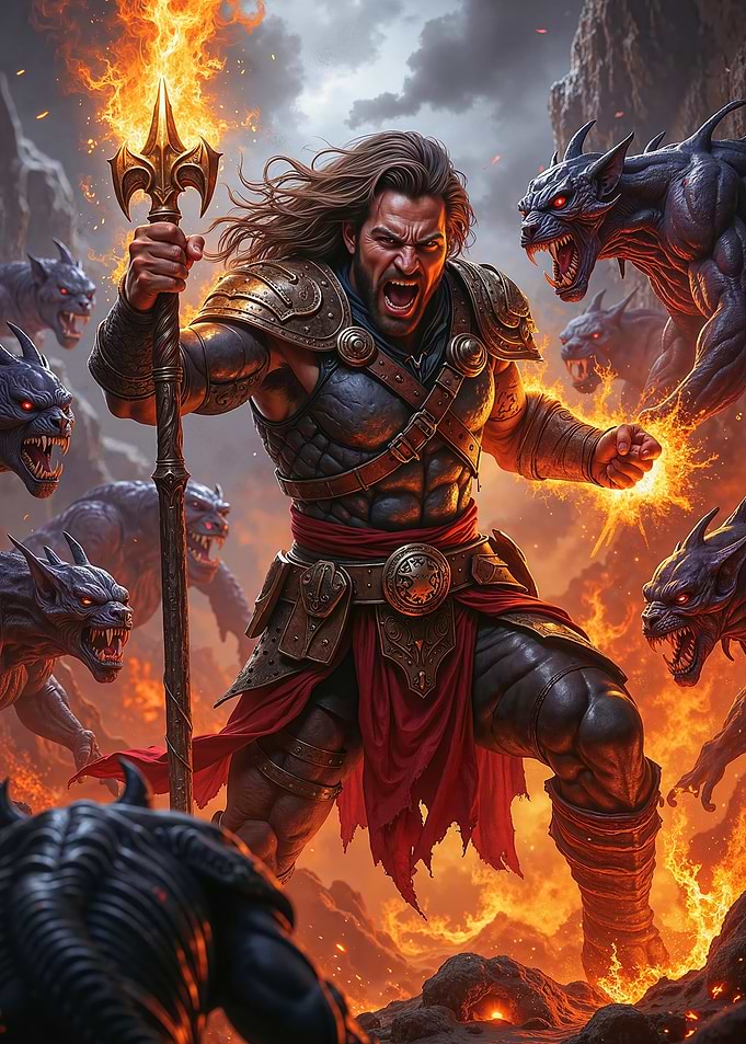 Warrior fighting demons with fire spear