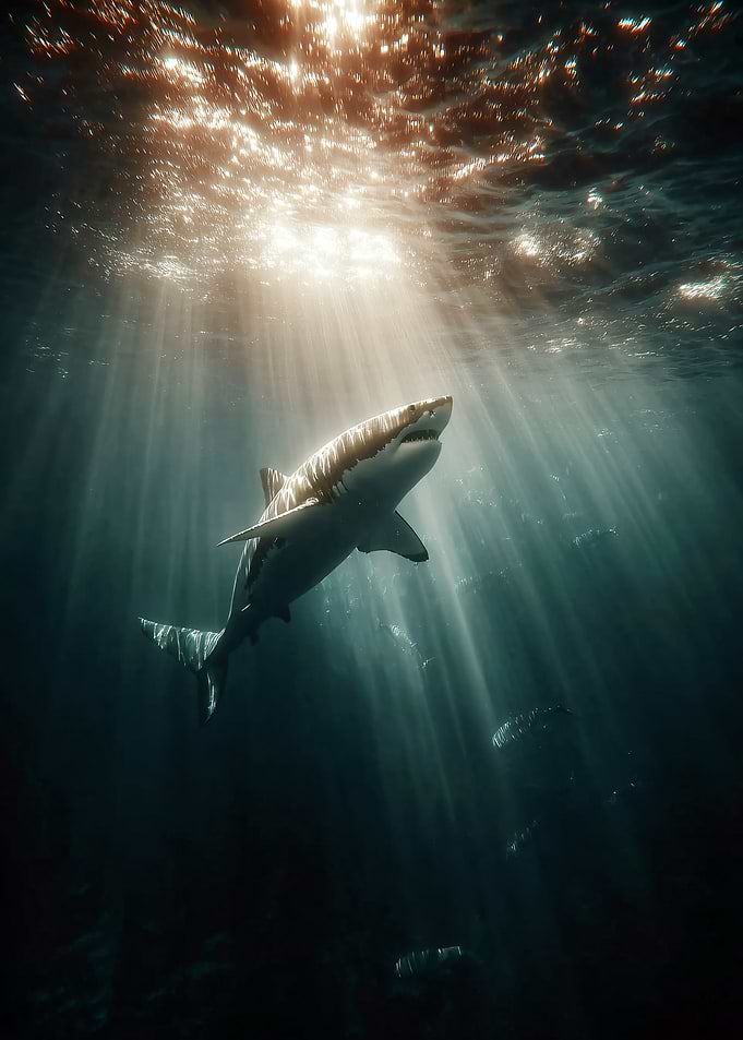 Great White Shark in Sunlit Ocean Depths