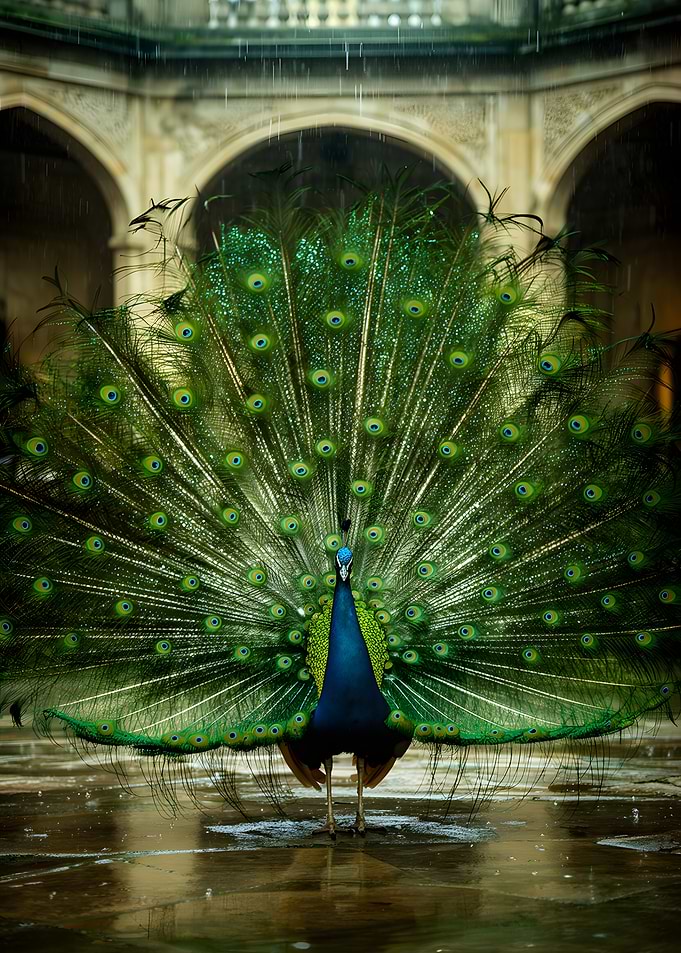Peacock displaying feathers in rain