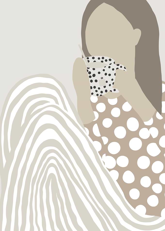 Woman drinking coffee with polka dots