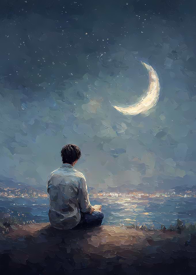Man Meditating Under a Crescent Moon