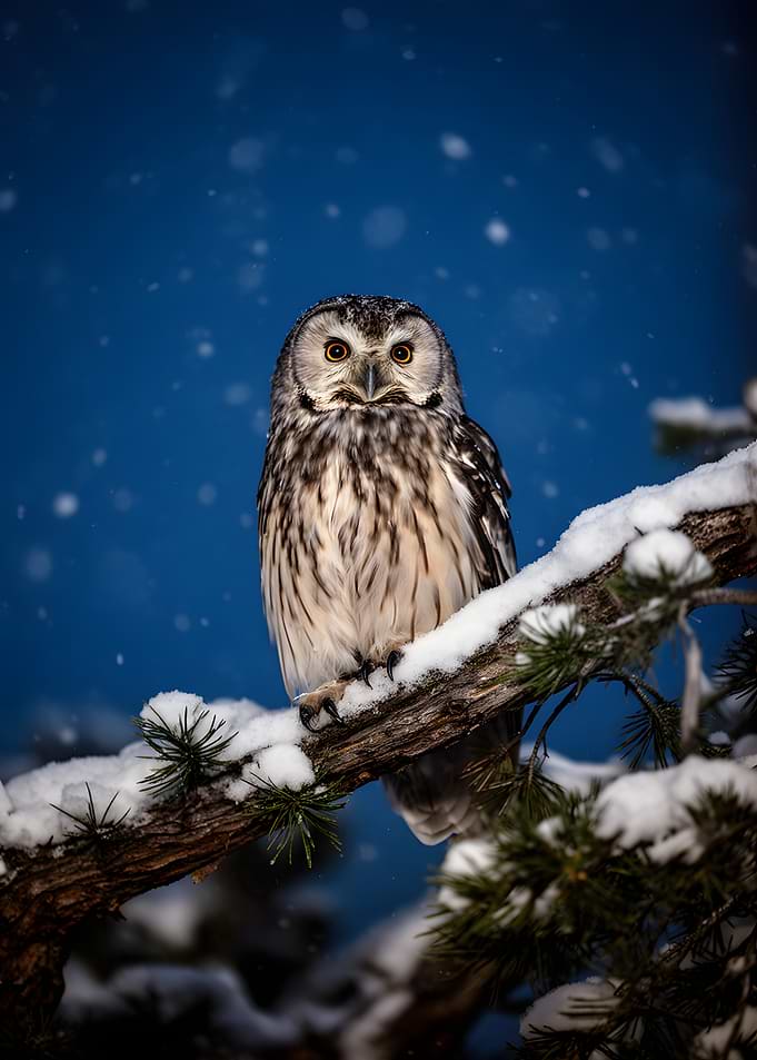 Owl perched on a snowy branch