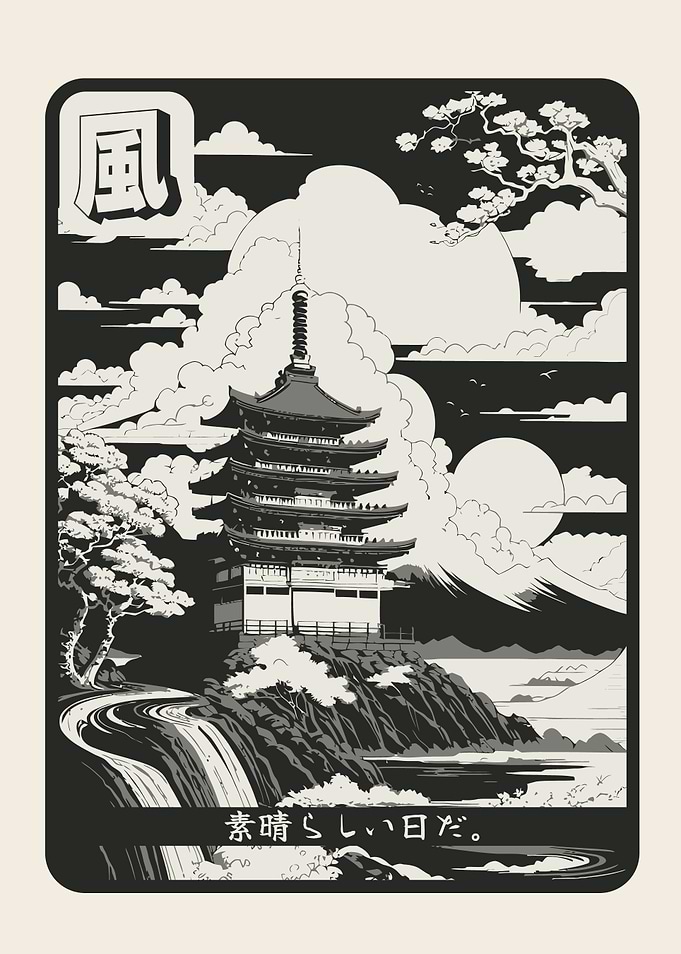 Japanese Pagoda and Mount Fuji