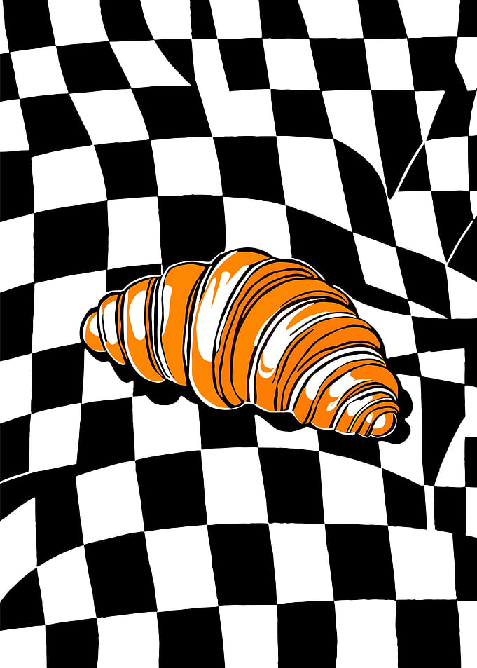 Orange Croissant on Checkerboard Background