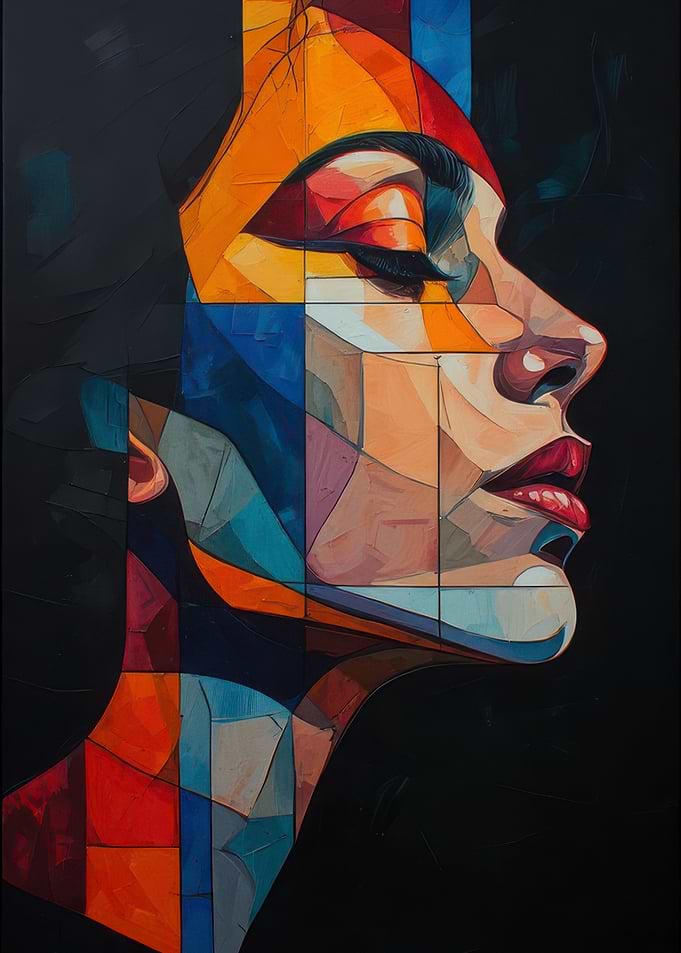 Vibrant abstract portrait of woman with colorful geometric shapes