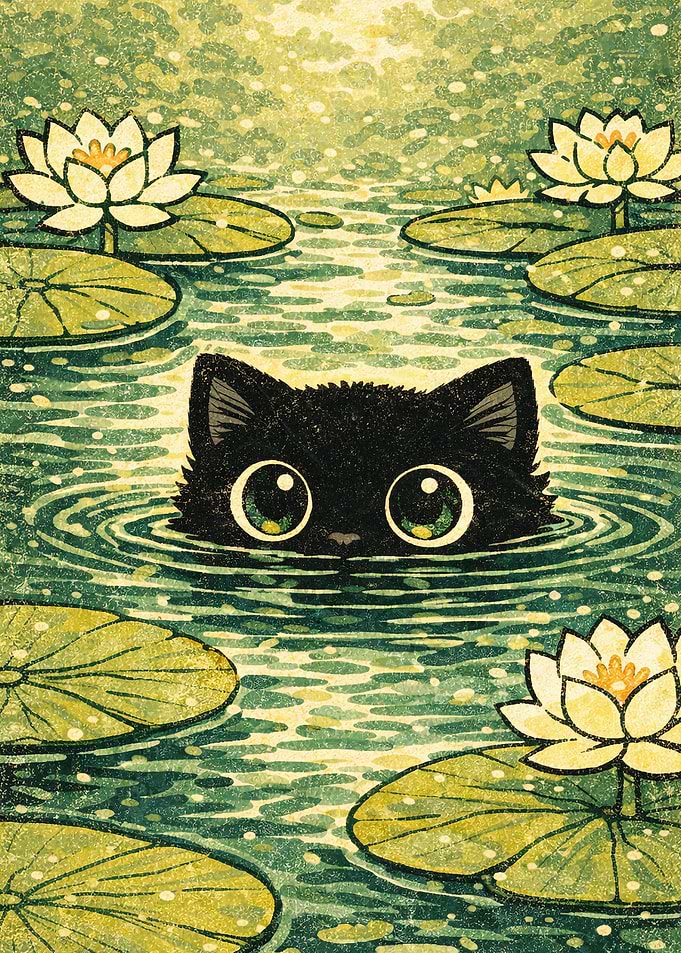 Black Cat in a Lily Pond