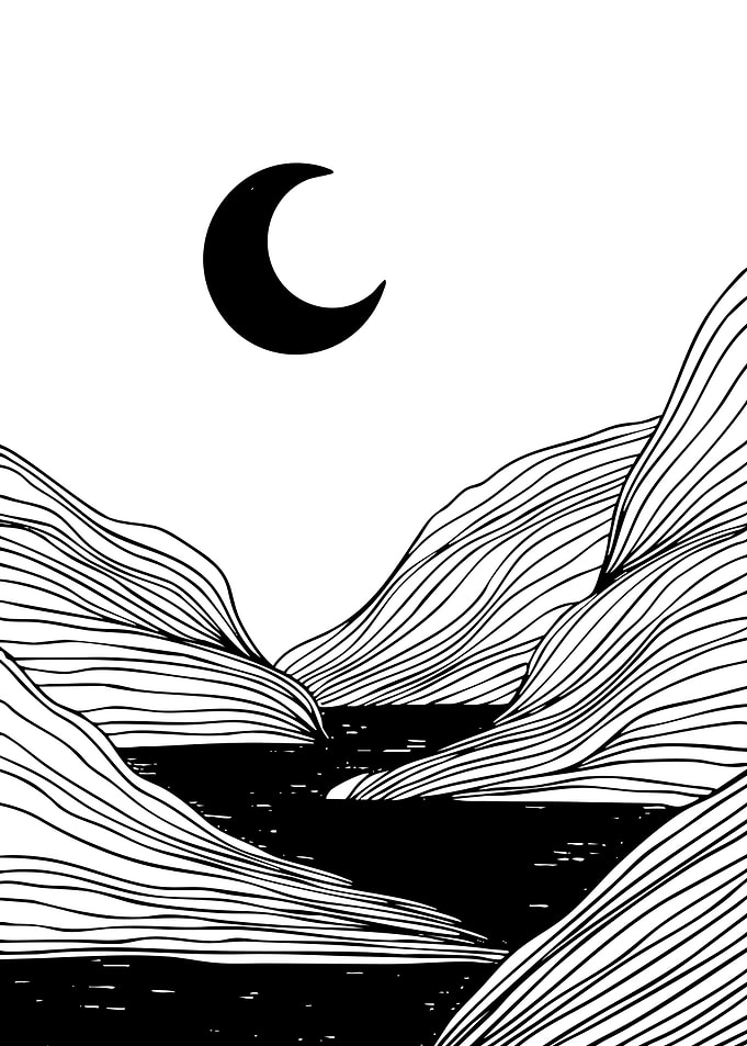 Crescent Moon Over Mountain Landscape