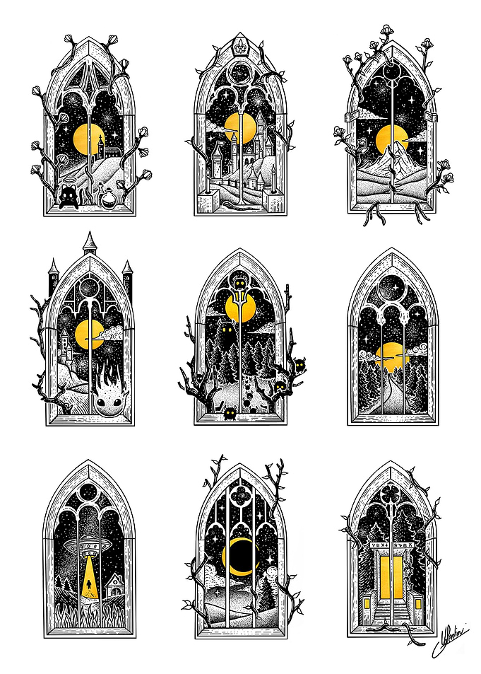 Gothic Windows with Fantasy Scenes