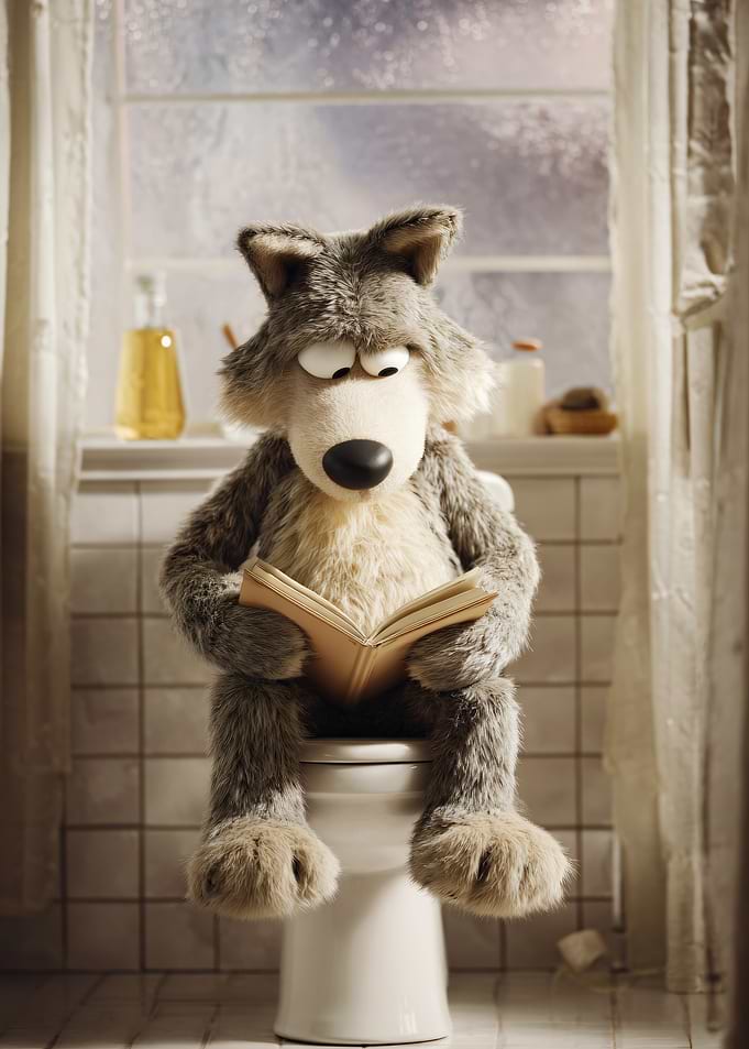 Wolf reading on a toilet