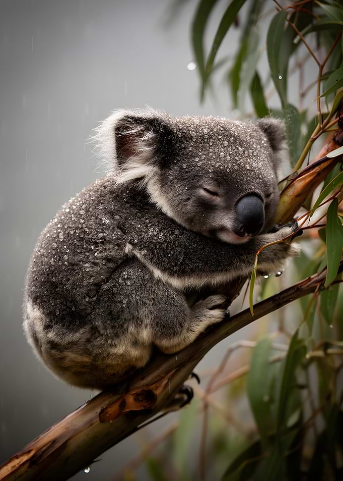 Koala sleeping in the rain