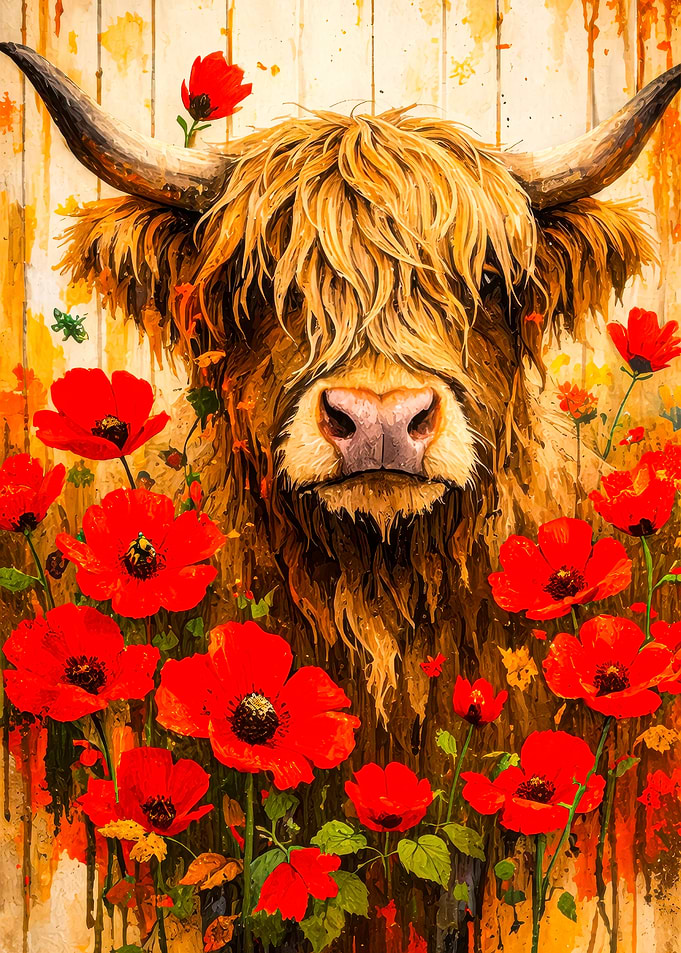 Highland Cow with Poppies