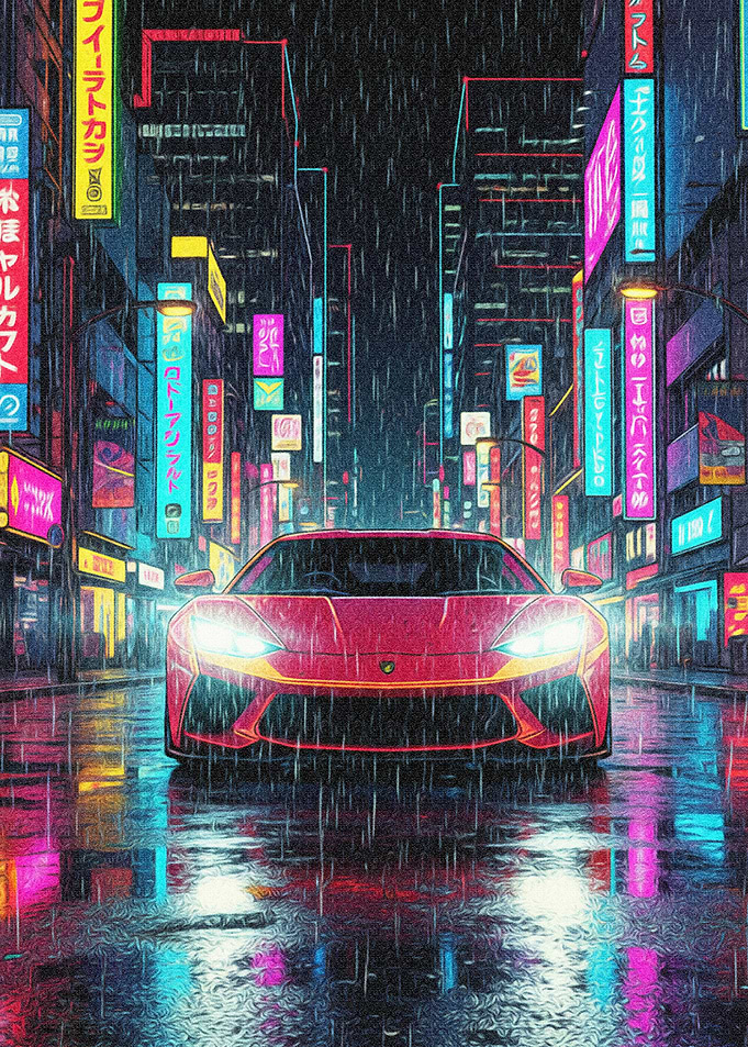 Red Sports Car in Neon City Rain