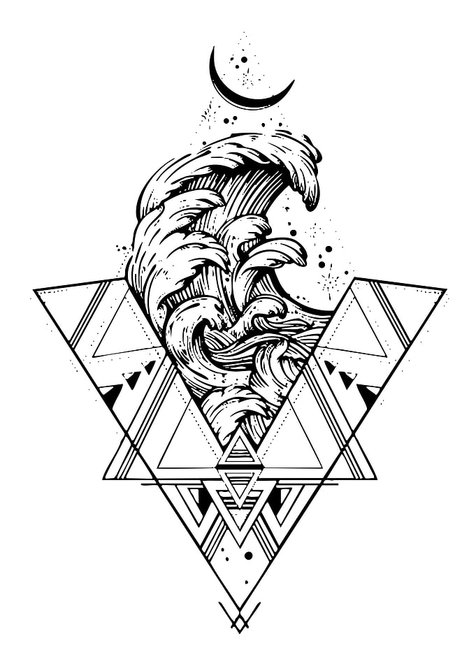 Geometric Wave and Moon Tattoo Design