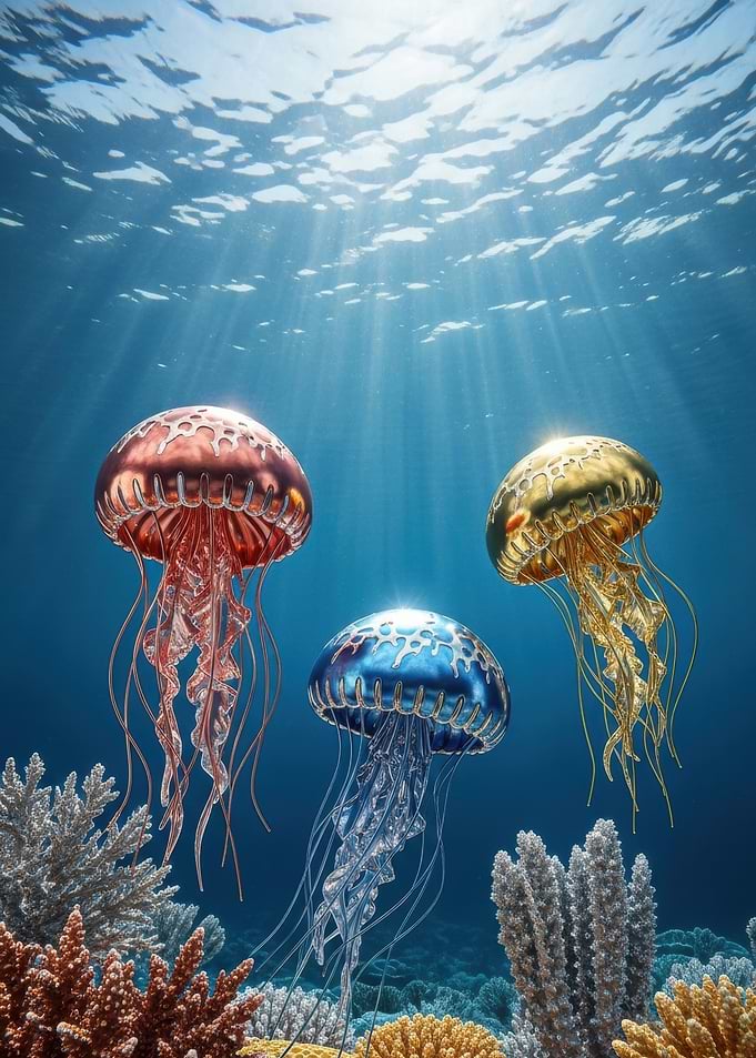 Three Colorful Jellyfish Underwater