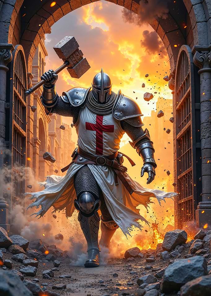 A Crusader Knight shattering a gate with his war hammer