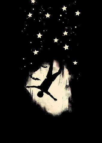 Silhouette of a person falling among stars