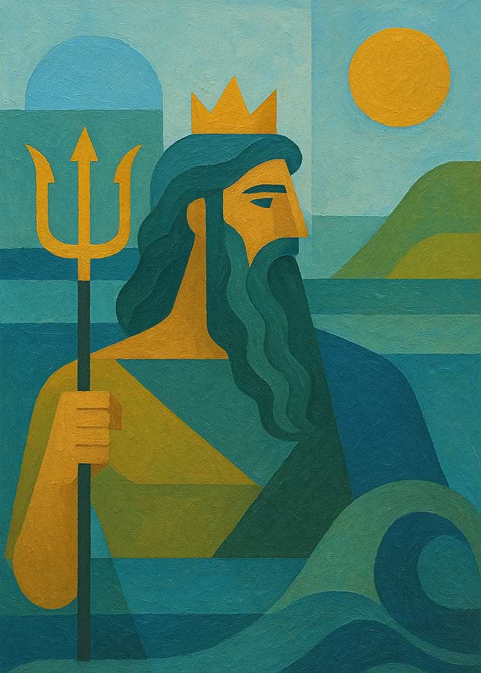 Stylized Neptune with Trident and Sun