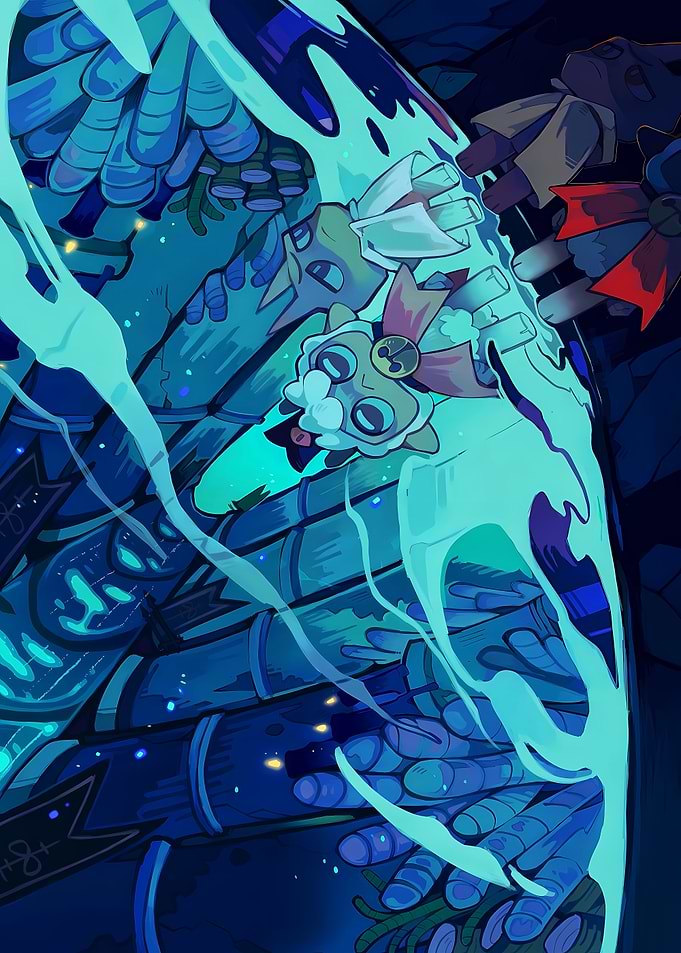 Cute Lamb Character in Blue Fantasy Setting