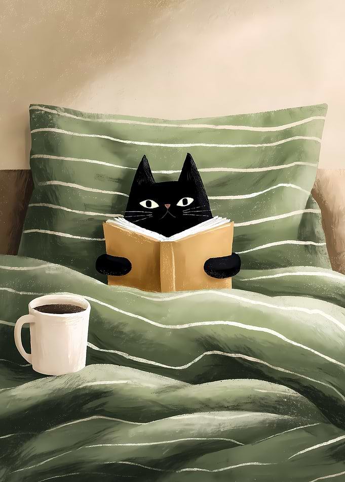 Black cat reading in bed with coffee