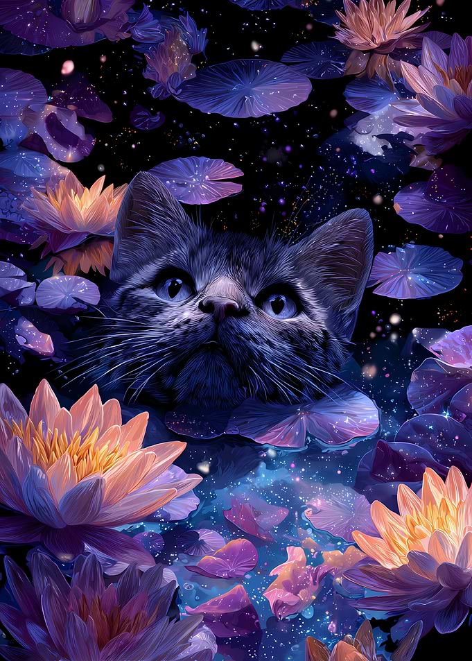 Kitten Among Water Lilies